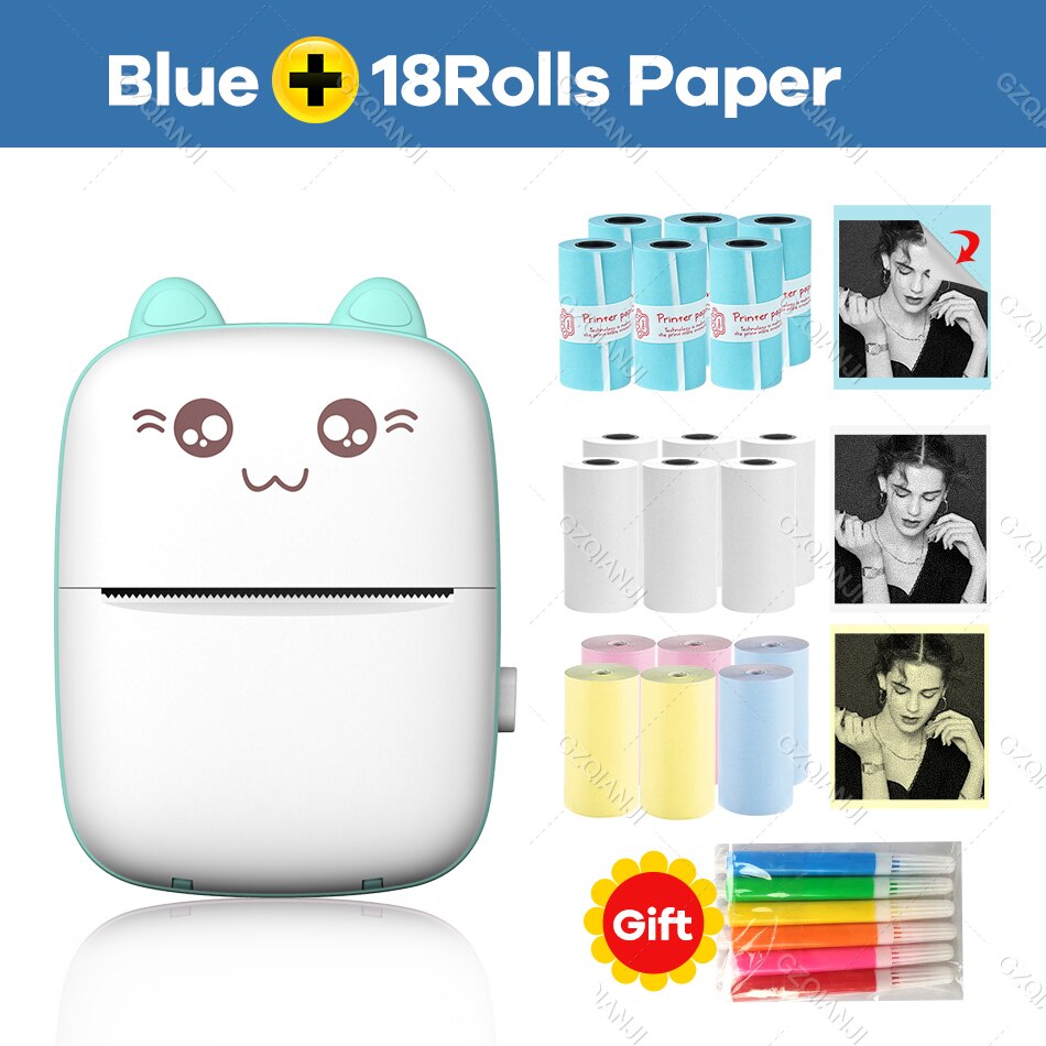 Thermal Printer 203DPI Portable Bluetooth 4.0 Thermal Photo Printer Wireless Inkless Mini Pocket Label Notes Printer With Papers: BL add 6WH6ST6CO