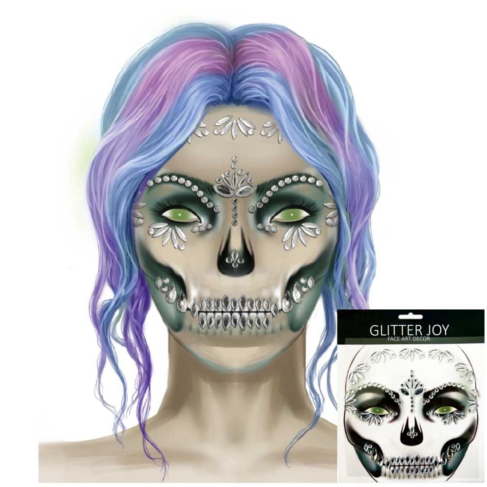 HFG19 Clear Festival Skull Bone Face Jewel Rhinestone Sticker for Carnival Night Clubbing Makeup Body Art