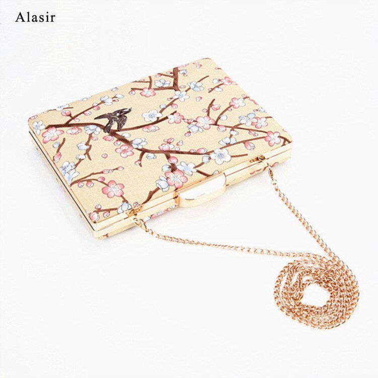 Alasir Chain Square Bag Printed Peach Blossom Shoulder Crossbody Bags Chinese Style Vintage Bag Artsy Women Bags