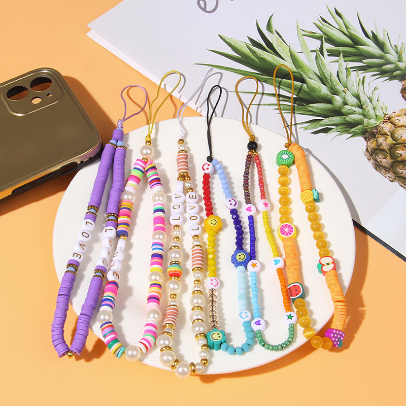 Heishi – bracelet de téléphone portable tendance, perles d'argile perlées, chaîne de téléphone, amour sourire fleur téléphone bijoux pour femmes Anti-perte