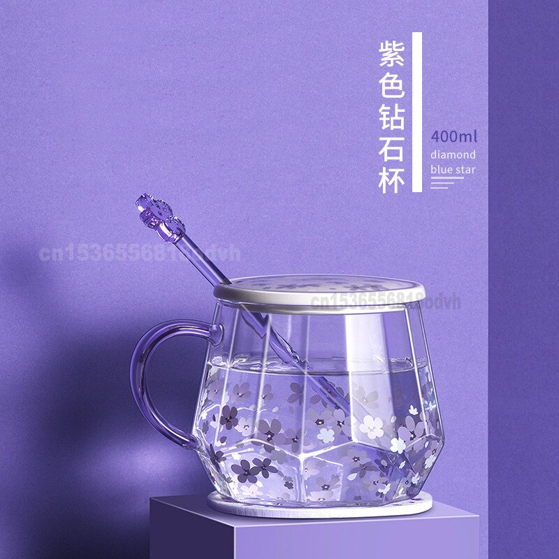 Paars Diamant Cup Blauwe Ster Bloem Hoge Borosilicaat Hittebestendig Glas Koffie Roeren Cup Glas Water Beker Deksel Afdrukken cups