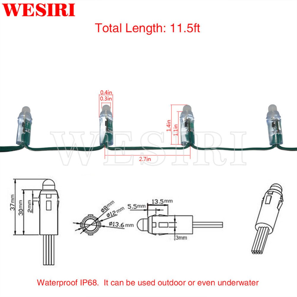 50Pcs/lot 12mm WS2811 2811 IC RGB LED Pixels Module String Lights Kit Green Wire IP68 5V for Advertisement/Holidays/Chrismas