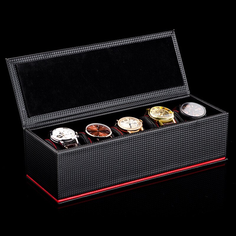 5 Slots Horloge Opbergdozen Case Black Carbon Fibre Horloge Organizer Mannen Mechanische Horloge Opslag Case