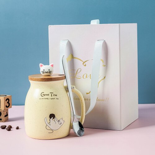 Color Cat Heat-Resistant Mug Cartoon with Lid Cup Kitten Coffee Milk Ceramic Mugs Children Cup Office Drinkware: Yellow box