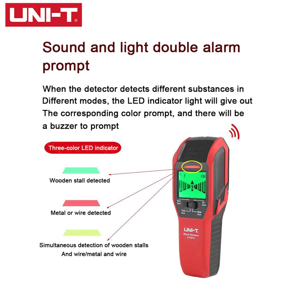 UNI-T 4 in 1 Wall Scanner Metal Detector UT387C AC Voltage Live Wire Wood Stud Finder Copper LCD HD Display Buzzer Calibration
