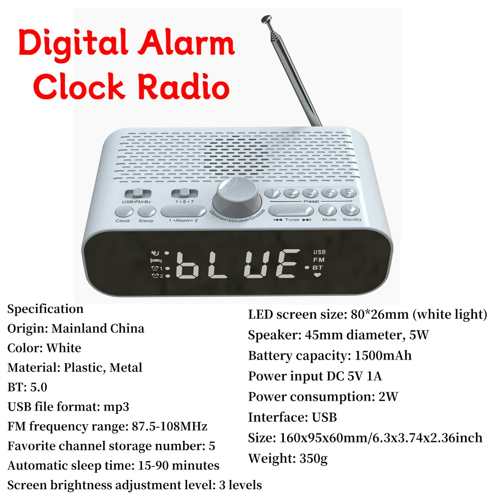 Modern Rechargeable Digital Alarm Clock Radio with Adjustable LED Display BT5.0 Dual Alarm Features and FM Reception for Home: Default Title