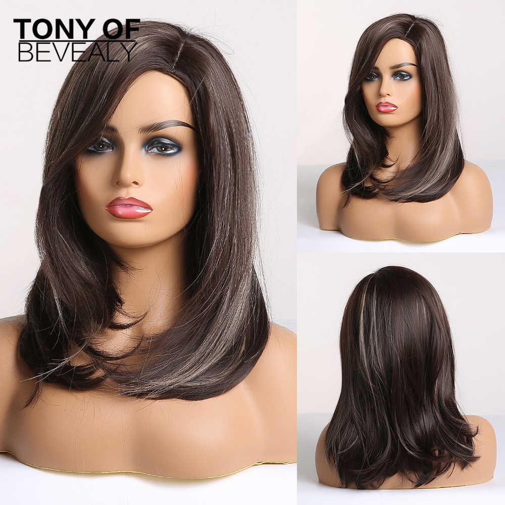 Pelucas de pelo largo liso ombré marrón ceniza Lolita parte lateral para mujeres Afo pelucas de pelo Natural para uso diario pelucas sintéticas resistentes al calor