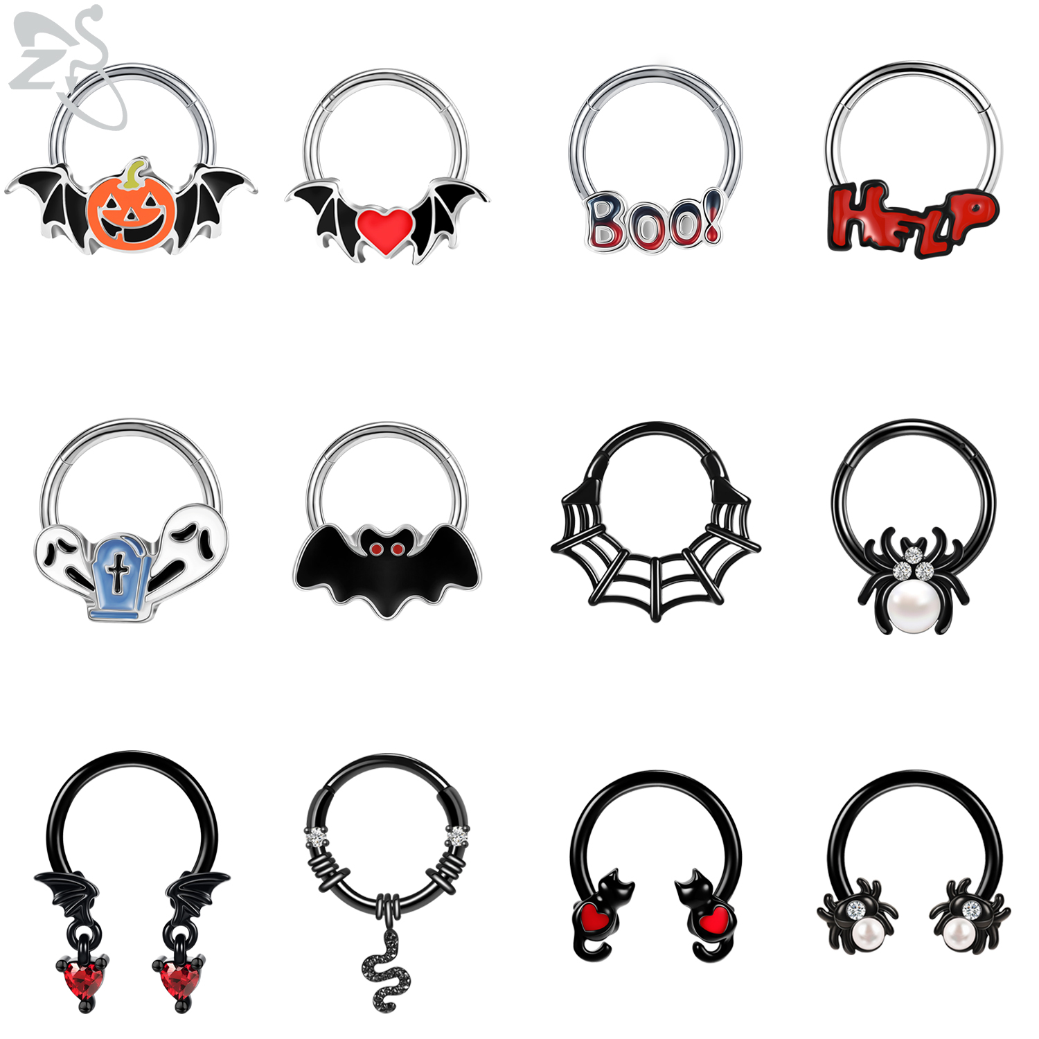 ZS 1PC serpent citrouille chauve-souris nez Piercing couleur noire Septum anneau acier inoxydable nez Clicker oreille Helix Cartilage Piercings 16G