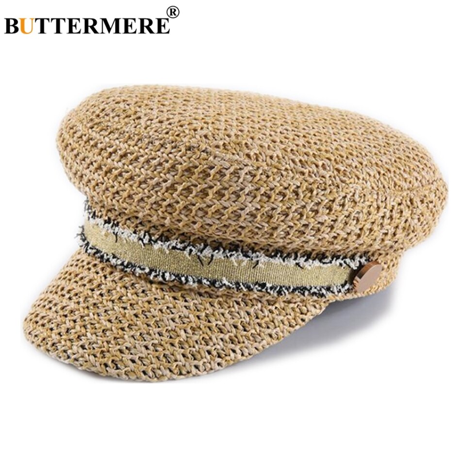 BUTTERMERE Straw Newsboy Cap Women Baker Boy Hat Female Khaki British Style Retro Brand Spring Summer Octagonal Cap