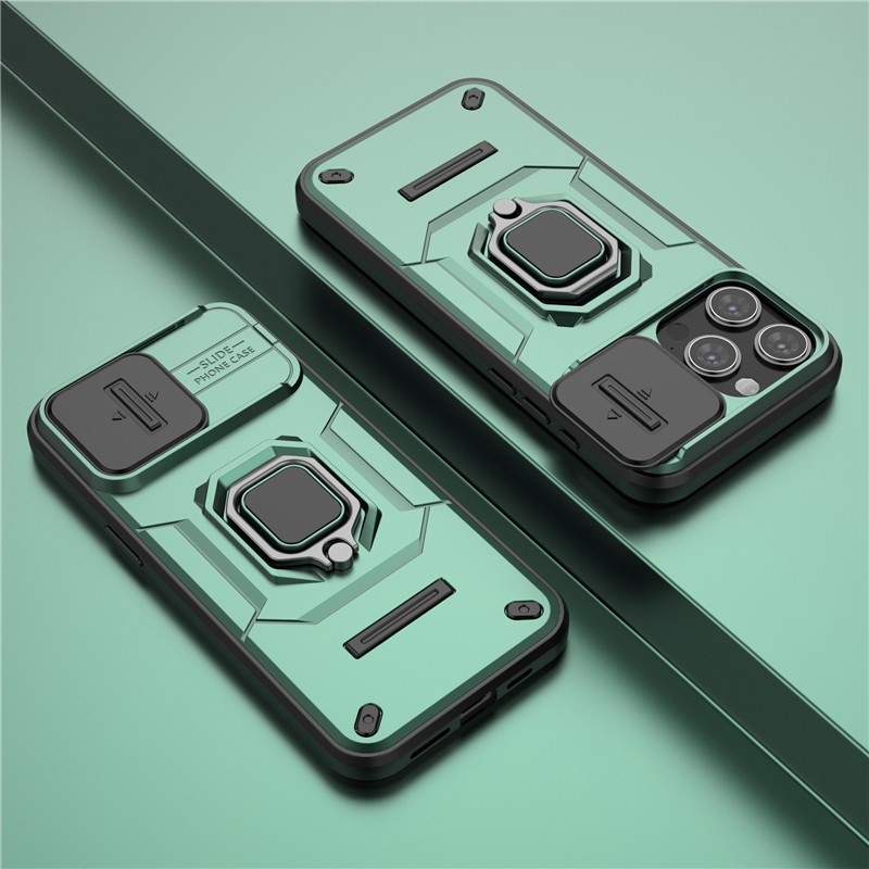 For iPhone 15 Pro Max Cover iPhone 13 14 15 Pro Max Case Lens Sliding Window Protector Armor Shockproof Holder Magnetic Bumper: Artificial leather / green