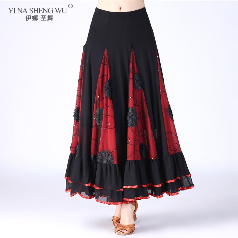 Falda larga de práctica de danza del vientre para mujer, falda grande de 9 colores, falda de baile, falda gitana, vestido de baile para mujer, falda española larga: Black flower