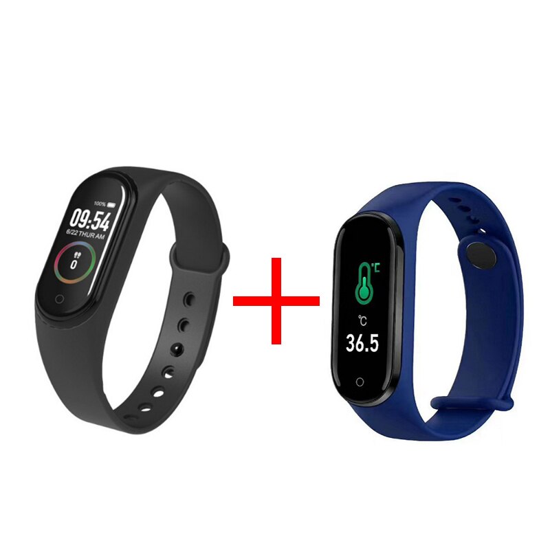 2pcs Couple M4 Smart Bracelet Heart Rate Blood Pressure Health Waterproof Smart Watch Bluetooth Watch Wristband Fitness Tracker: Black and blue