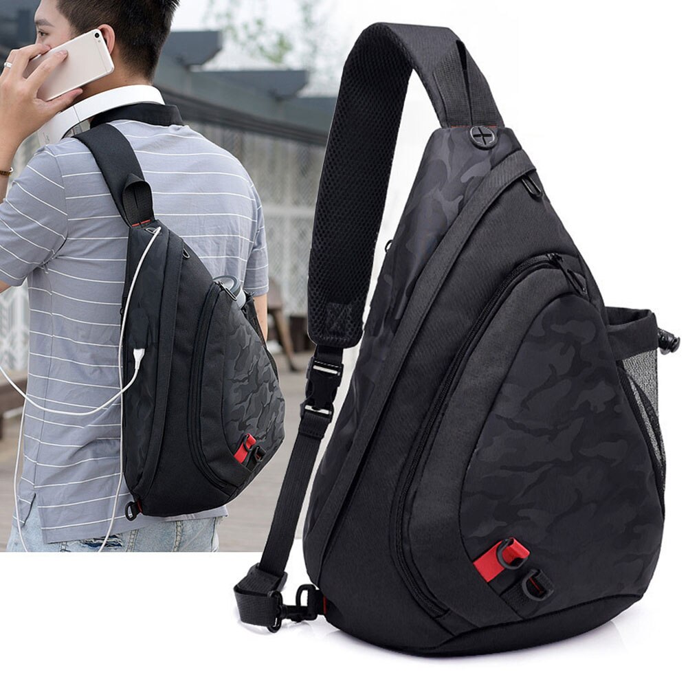 Männer Wasserdichte Rucksack Schulter Multi-funktionale Reise Kleine Sling Zipper Solide Kopfhörer Loch Brust Tasche Crossbody