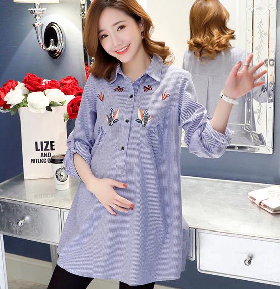 Frühling verlieren Beiläufige Mutterschaft Blusen Schmetterling Blume Stickerei Schwangere Lange Hemden Kleidung Gestreiften Schwangerschaft Bluse Spitzen: XL