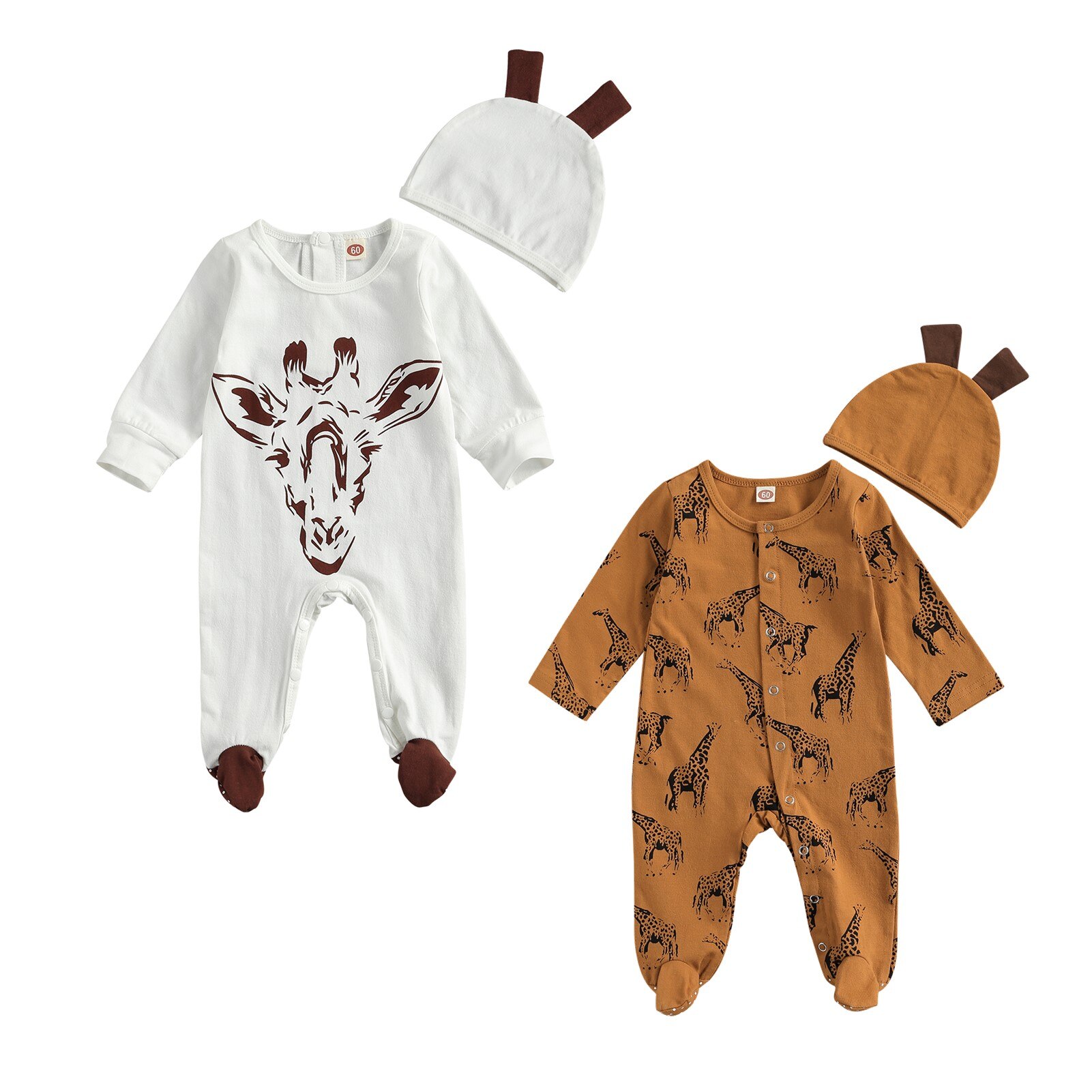 Pudcoco 0-6M Baby Baby Meisje Jongen Lente 2 Stuks Set Giraffe Print Lange Mouwen Footie + Gewei cap Koffie/Wit Pasgeboren Outfit