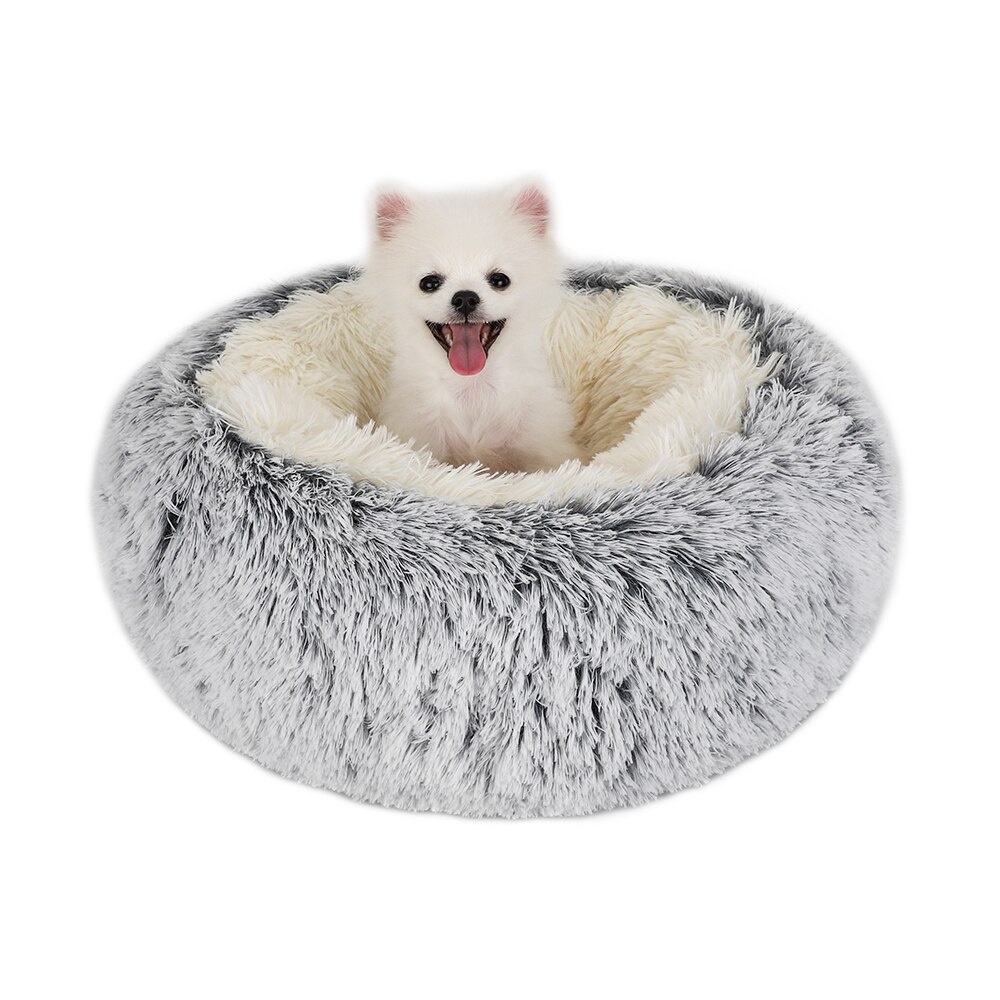 Beruhigende Hund Bett Katze Haus Krapfen Haustier Bett Flauschigen Plüsch Selbst Erwärmung Runde Kissen Anti Angst Zwinger Matten für Kleine große Hunde