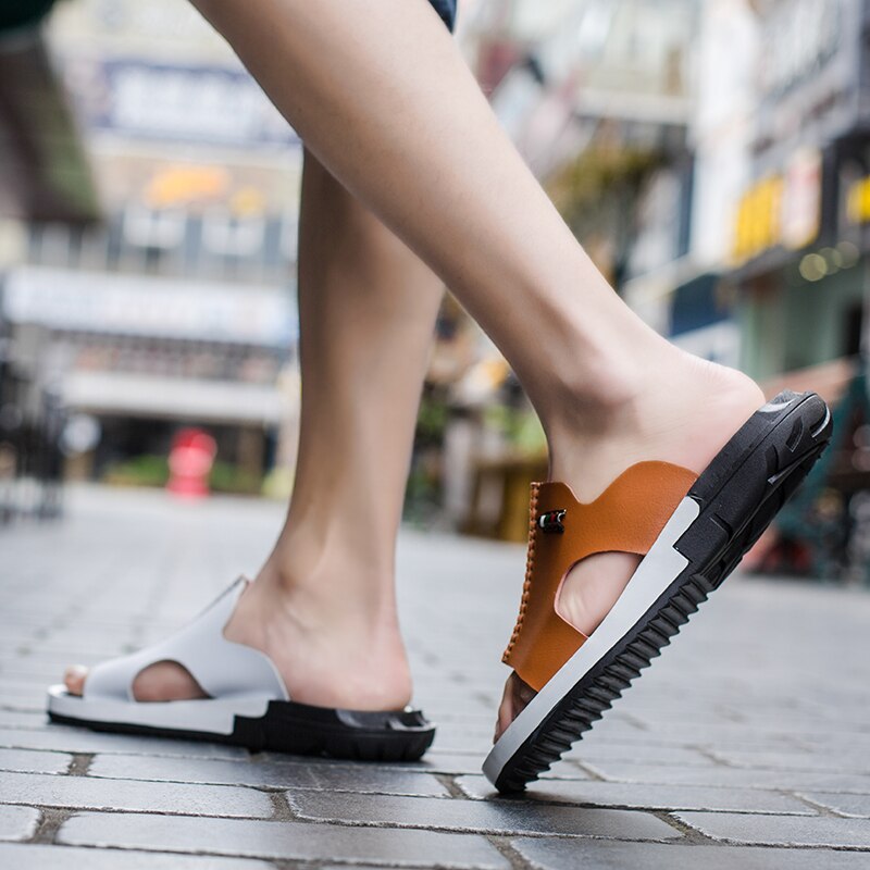 Læder mænd sandaler sommer strand hjemmesko casual sneakers udendørs strand sko stor størrelse