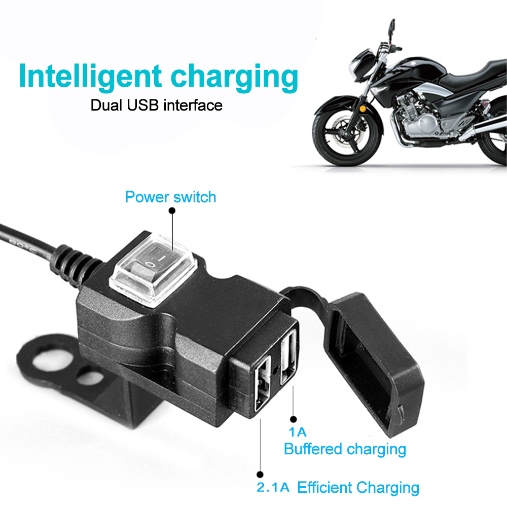 Enchufe USB para motocicleta actualizado, adaptador de fuente de alimentación de 12V con carga de salida USB Dual resistente al agua con interruptor de encendido/apagado para motocicleta