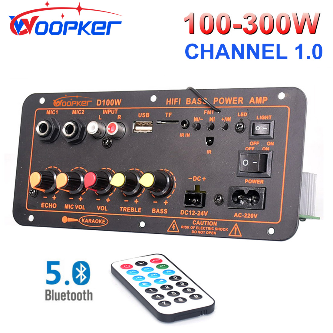 Woopker-placa amplificadora Bluetooth D100W, amplificador Digital Max 300W, 220V/12V/24V, compatible con micrófono Dual, reproductor MP3