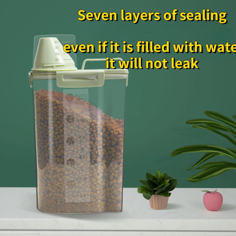 Cubo de comida para perros y gatos, tanque de almacenamiento de plástico con taza medidora, contenedor sellado a prueba de humedad, accesorios para suministros para mascotas, 1,5 kg/2kg