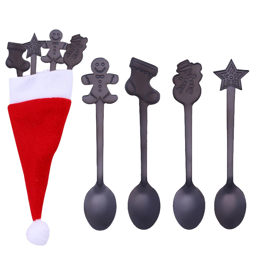 4Stck Edelstahl bunte Weihnachten Kaffee Löffel Griff Löffel Besteck Eis Trinken Werkzeug Weihnachten Hütte Besteck H5