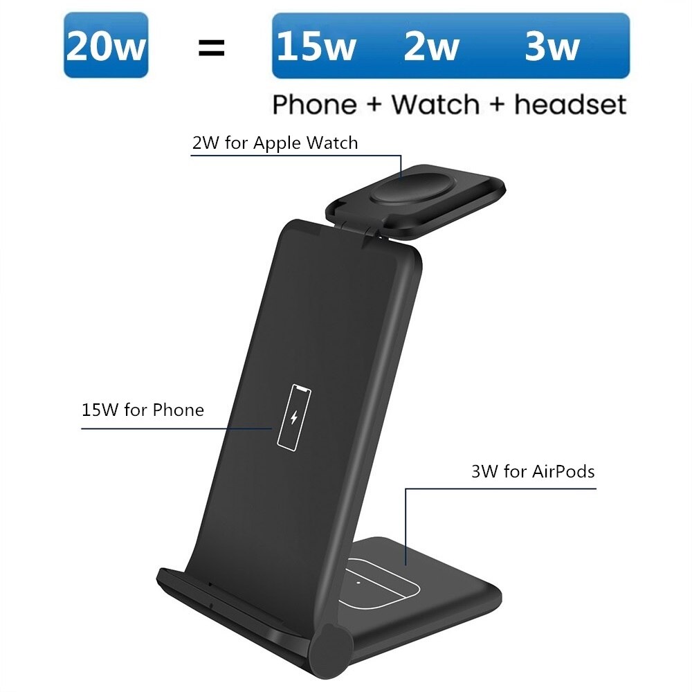 Chargeur sans fil Qi 3 en 1 pour iPhone 13 12 11 XS XR X 8, pour Apple Watch 7 SE 6 5 4 3 AirPods Pro, Station de charge rapide 15W