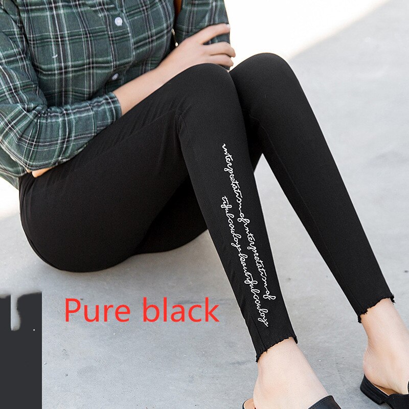 Stickerei Jeans Hohe Elastische Boyfriend-Jeans Weibliche Gewaschen Denim Dünne Weibliche Gedruckt Bleistift Hosen Zerrissene Streetwear Hosen: D809 pure black / XXL