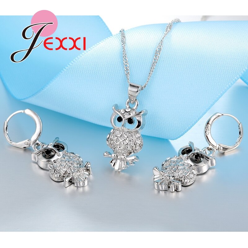 Cartoon Uil Dier Statement Ketting + Oorbellen 925 Sterling Zilveren Sieraden Sets Bruiloft Anniversary Bijoux