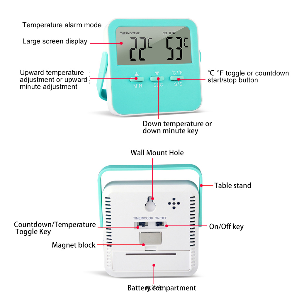BBQ Thermometer 0-250℃ Grill Temperature Meter Timing Function 304 Stainless Steel Battery Operated Meat Gauge Outdoor Green