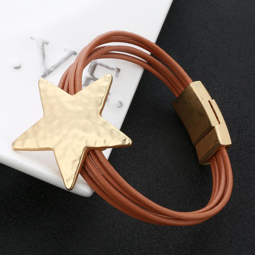 Legierung Stern Magnet Taste Multilayer Leder Charm Armreif 3 Farben Gold Silber Armreifen Für Frauen