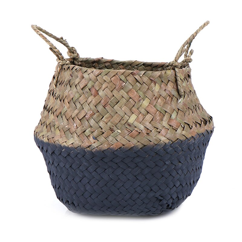 Mini Bambus Lagerung Körbe Faltbare Wäsche Stroh Patchwork Weide Rattan Seegras Bauch Blumentopf Pflanzer Handgemachte Korb: Schwarz
