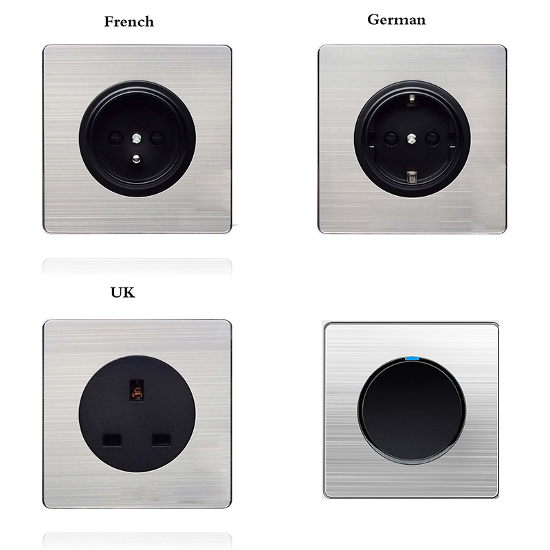 1 Gang 1 2 Way Brushed stainless steel Light EU Socket Any Click Point Control Wall Socket Switches Panel With Led
