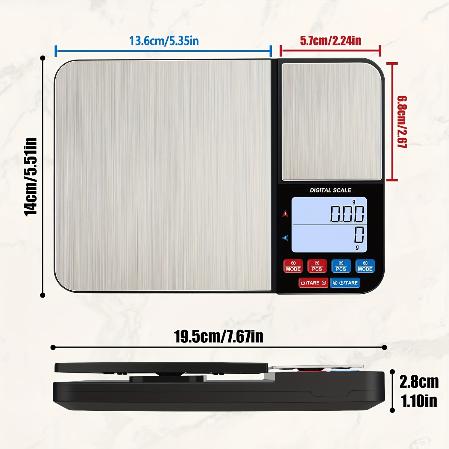 1-delige grote digitale keukenweegschaal met dubbel platform, twee accuracies 0,01 g/0,001 oz en 0,1 g/0,01 oz, maximale capaciteit 5 kg/11 lb