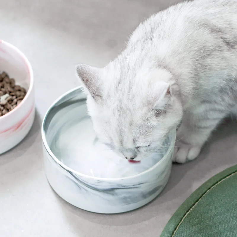 Tigela de cerâmica marmorizada para gatos, com suporte de madeira, tigelas duplas para alimentos, água, cachorros pequenos, suprimentos de alimentação elevados