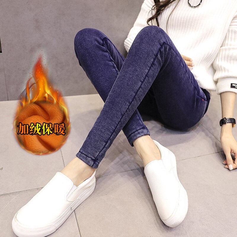 Cotton maternity pants Thicken Velvet Maternity jeans Warm Winter Trousers For Pregnant Women Big Size M-2XL: Blue / M