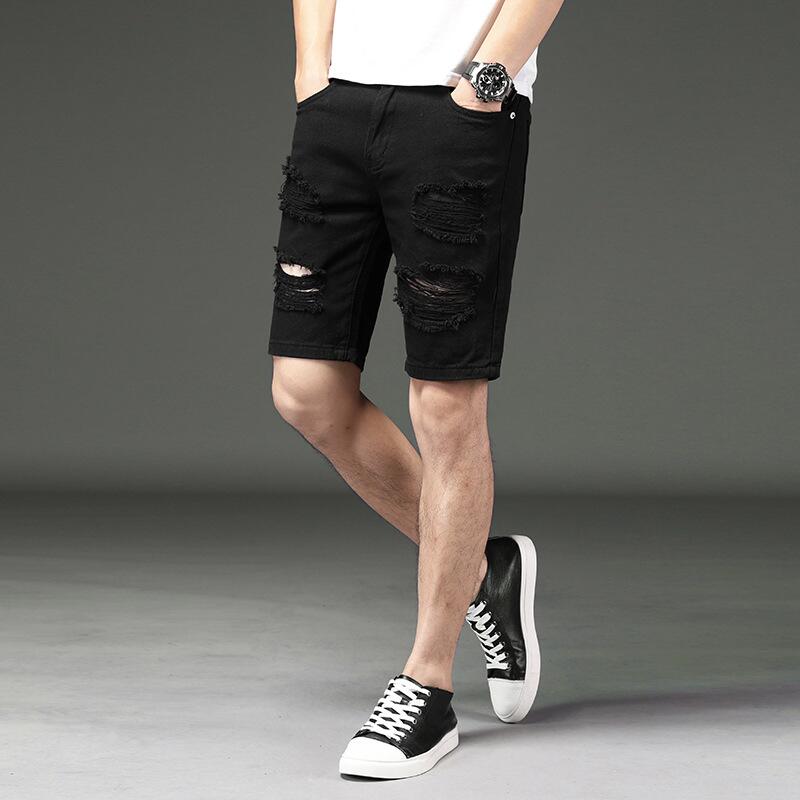 Lige jean korte mænd sommer hvid revet løs hip hop huller mandlige ensfarvet afslappet strand denim shorts midt i taljen: Sort / 33