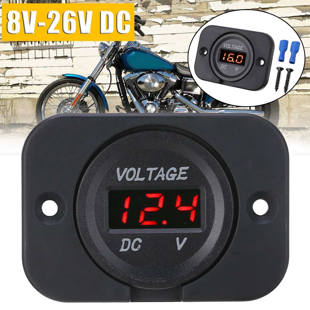1 sæt 12v-24v røde led digitale voltmeter panel bil motorcykel spændingsmåler med 2 isolerede terminaler