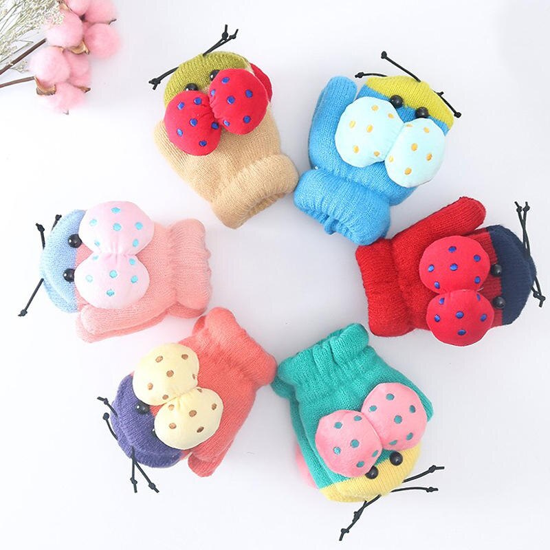 Wecute Forma Dos Desenhos Animados Joaninha Bonito Bebê Infantil Luvas de Inverno Crianças Luvas De Malha Saco Refere-se Ao Pescoço Pendurado Luvas Duplas para 3-6Y