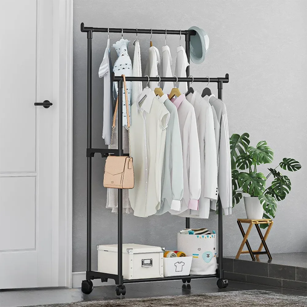Porte-vêtements Double tige multifonctionnel Portable cintre chambre étagère avec roue étagère rangement porte-vêtements sol mobile manteau