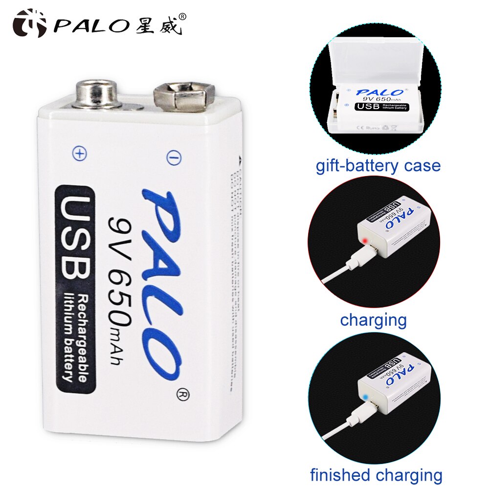 PALO 9V 6F22 650mAh Li-ion Rechargeable Battery Micro USB Batteries 9v lithium for multimeter,microphone,toy,remote control KTV