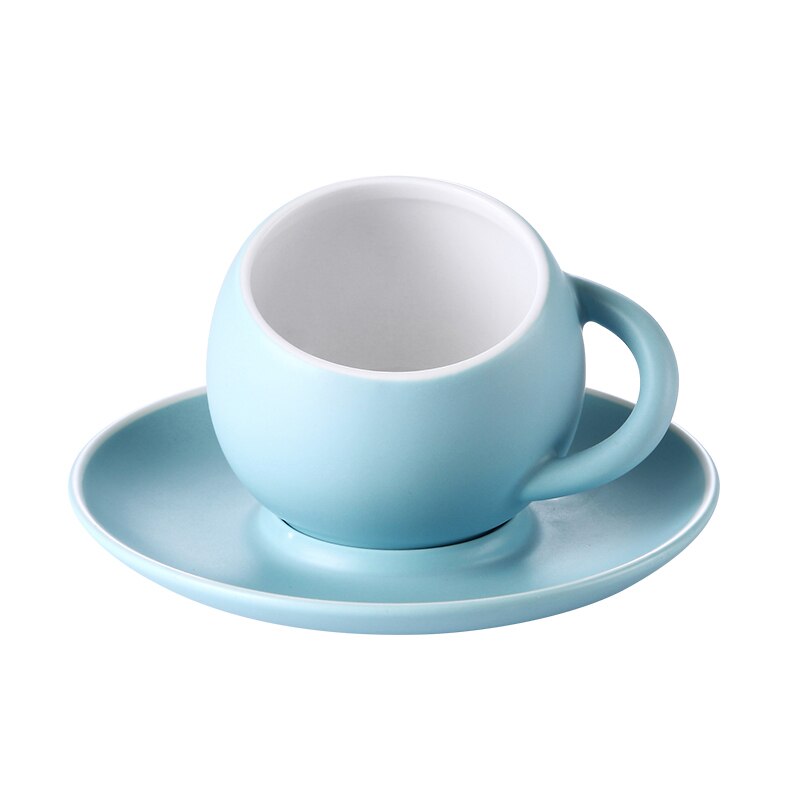 Taza de café esférica y platillos de cerámica para el hogar, tazas de té de porcelana de Color sólido mate hechas a mano, de para beber en el hogar: M03  Blue