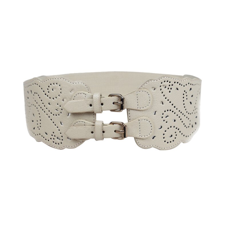 Elastic Wide Women Belts Double Buckle Ladies Belts For Dresses Coat Female Leather Corset Belt Black White Waistband: beige