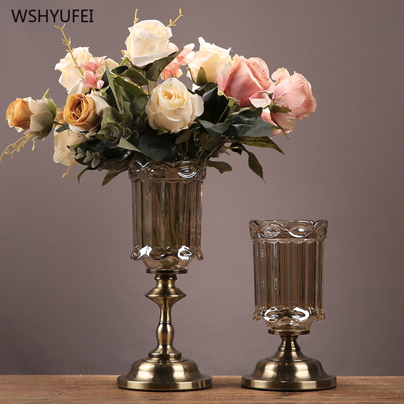 Bronse base brun krystallklar glass vase modell hjem tørr blomsterdekorasjon stuebord kunst blomsteroppsats