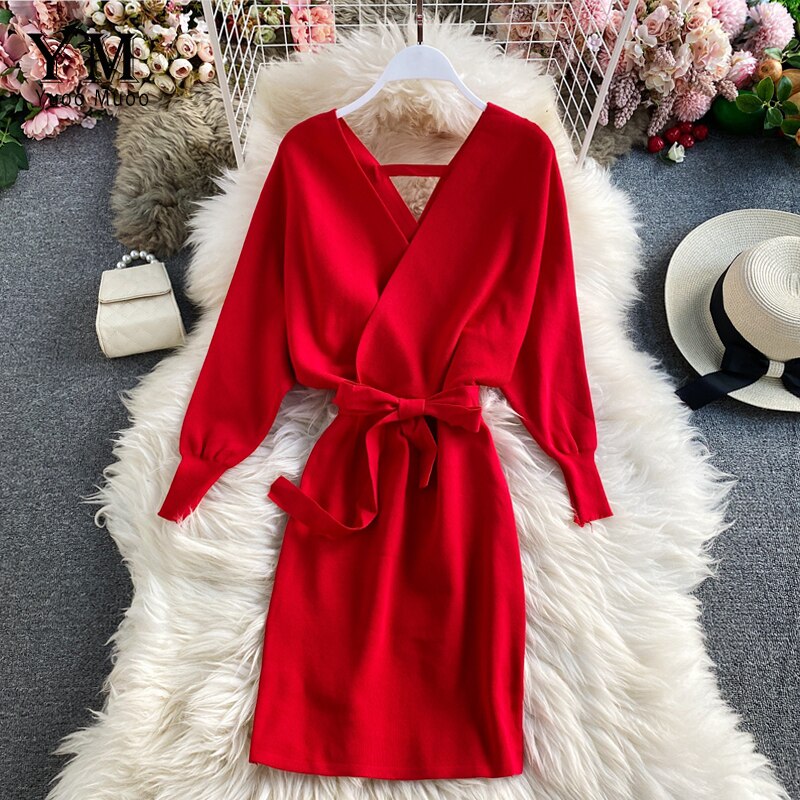 Yuoomuoo Vrouwen Lange Mouw Trui Jurk Vrouwen Trui Casual Herfst Winter Jurk V Hals A-lijn Korte Mini Gebreide Jurk: Rood