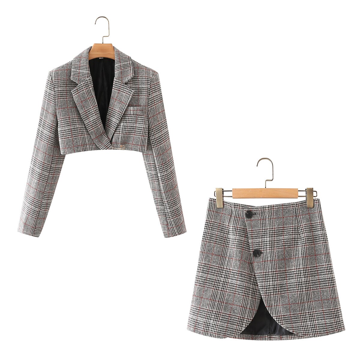 Ensemble blazer court et jupe, veste élégante, manches longues, pied-de-poule, échancré, costume 2 pièces, tenue de bureau pour femmes