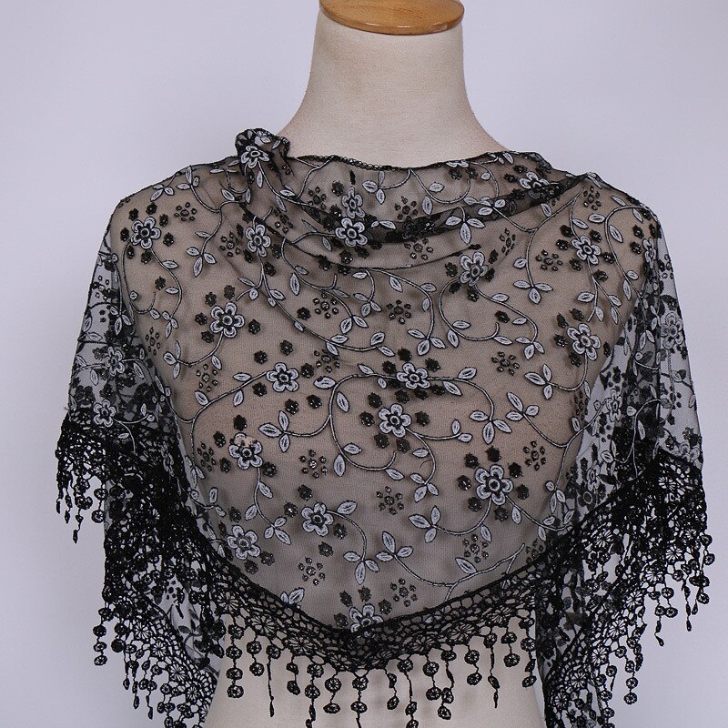 Women Lace Tassel Triangle Scarf Sheer Metallic Women Floral Scarves Shawl Female Triangle Bufanda Mujer Hollow Scarf #A