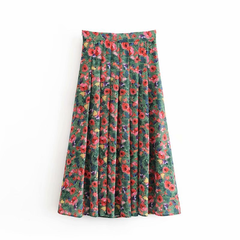 KBAT Red Floral Print Midi Skirts Womens Spring Pleated Skirt High Waist Zipper Chiffon Skirt: green / M