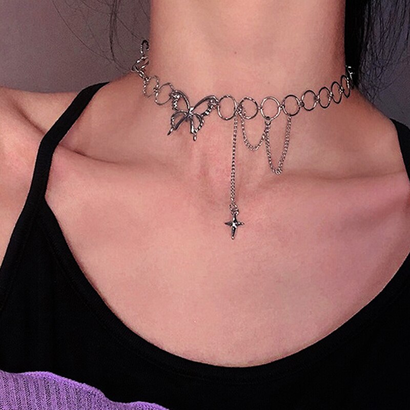 punk sommerfugl choker halskjede dame halsbånd gotisk hofte hopp rustfritt stål kjede stjerne anheng halskjede mujer smykker: Nc21 y 0176