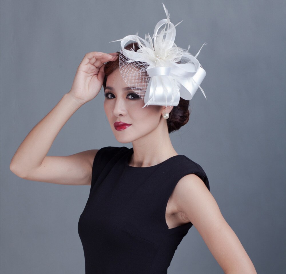 Women Cocktail Chic Fascinator Hat Church Headpiece Wedding Headwear Lady Party Formal Hair Accessories: white