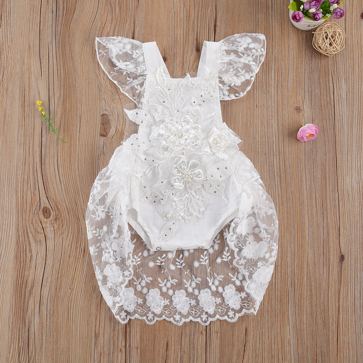 Baby Girl's Lace 3D Flower Embroidery Pearl Sweet Princess Romper, White Square Collar Falbala Flying Sleeve Jumpsuit: 3M